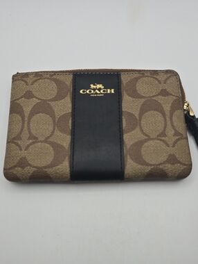 Coach Monogram Zip Pouch in Brown with Brown Leather Stripe